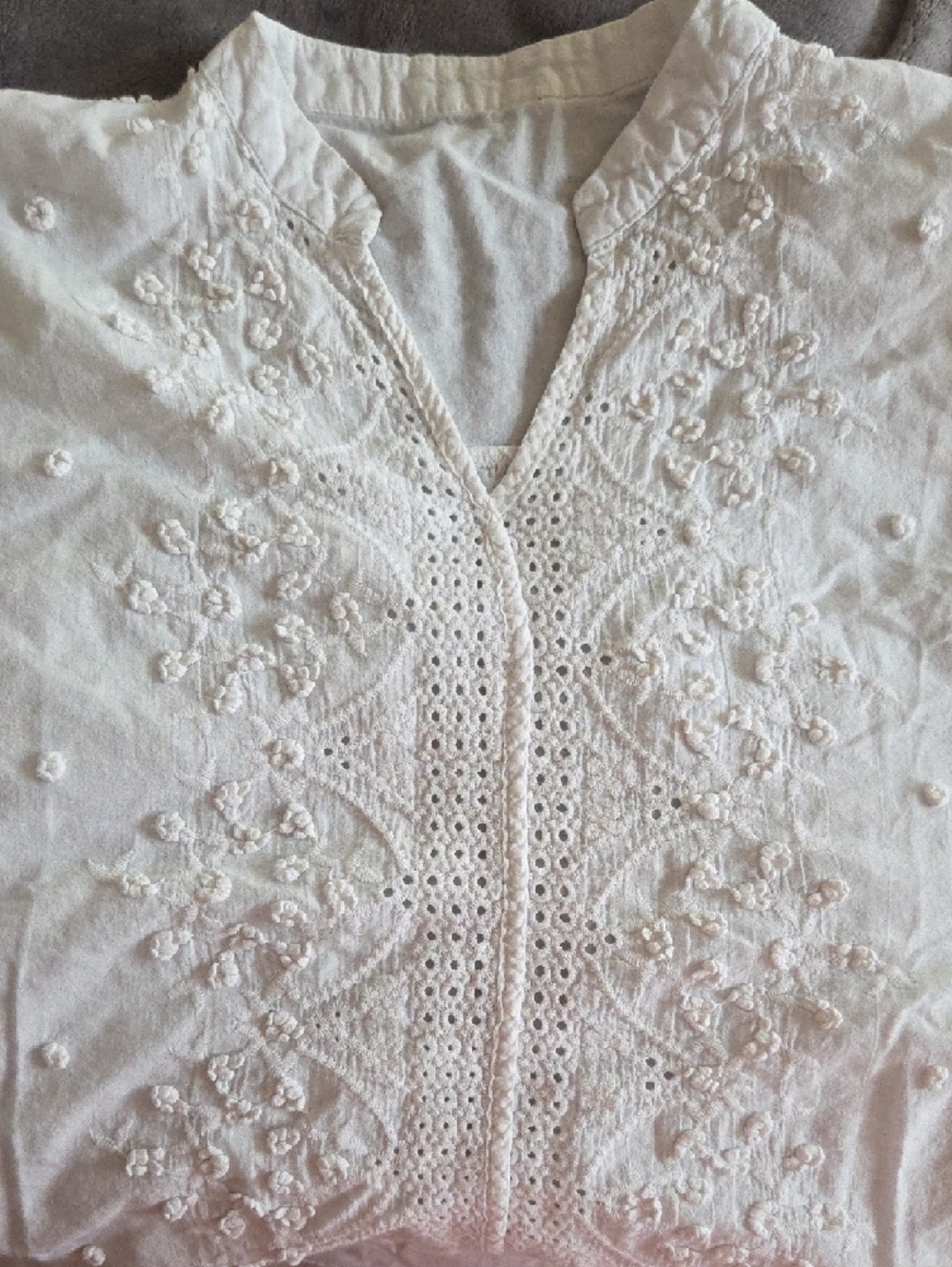 White Embroidered V-Neck Peasant Blouse - Picture 3 of 10